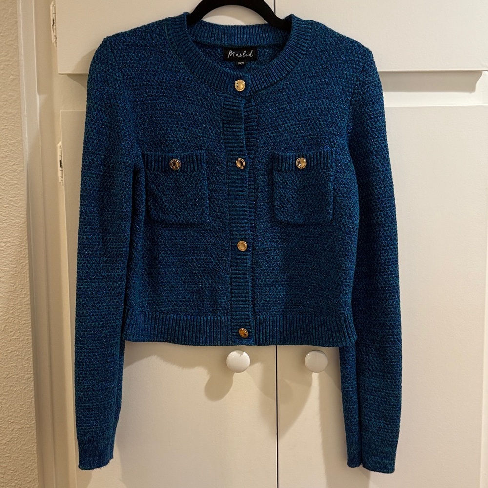 Marled Blue and Green Shiny Textured Knit Sweater Cardigan with Gold Accents - Picture 2 of 5